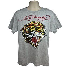 Ed Hardy Mens Gray Double Graphic T-Shirt Medium Stretch Tiger Animal Print New